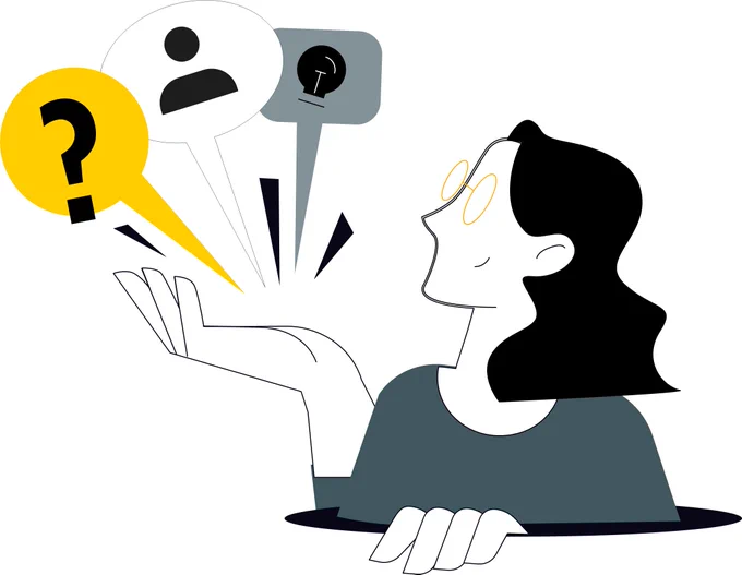 Illustration of a woman with glasses, holding up speech bubbles with question mark, profile, and light bulb icons.
