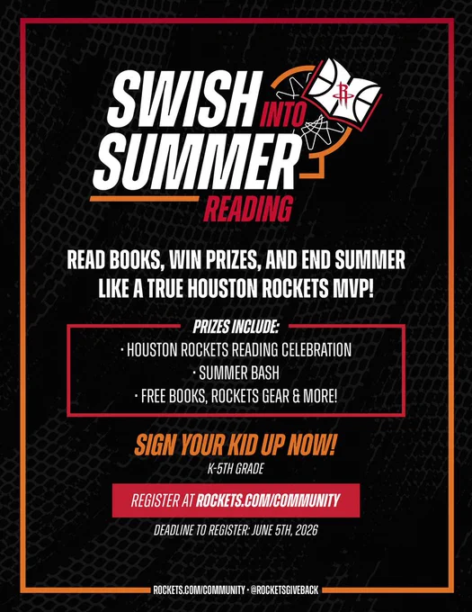 Black banner for Swish Into Summer Reading. Bold white text and a red outline. A basketball logo.