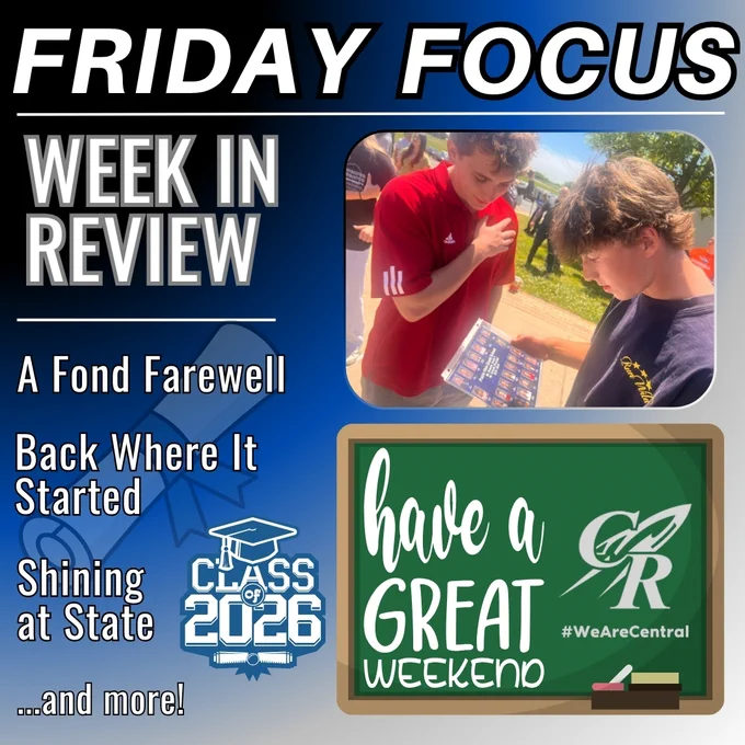 Two students outdoors reviewing a booklet, featured in a Friday Focus week in review for Class of 2026 updates and weekend wishes.
