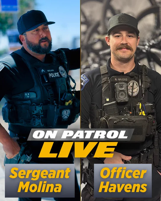 This image features two police officers in uniform. The left side shows one officer with the text "Sergeant Molina," and the right displays another with the text "Officer Havens." Below them is the text "On Patrol Live."
