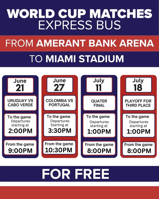Schedule graphic for free Broward County Transit Express Bus service from Amerant Bank Arena to Miami Stadium during World Cup matches. The schedule includes June 21 (Uruguay vs. Cabo Verde), June 27 (Colombia vs. Portugal), July 11 (Quarterfinal), and July 18 (Playoff for Third Place), with departure and return times listed for each event.