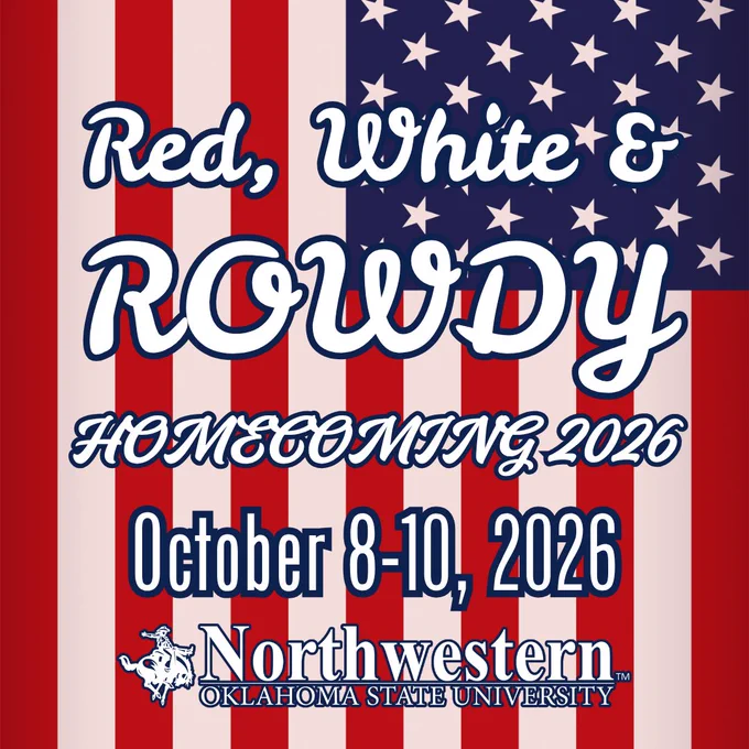 Promotional graphic set against an American flag background with red and white stripes and a blue field of white stars, with a red transparency overlay. Bold script text reads "Red, White & Rowdy" followed by "Homecoming 2026" and "October 8–10, 2026" in navy and white. The Northwestern Oklahoma State University logo with a cowboy on horseback appears at the bottom in navy and white.