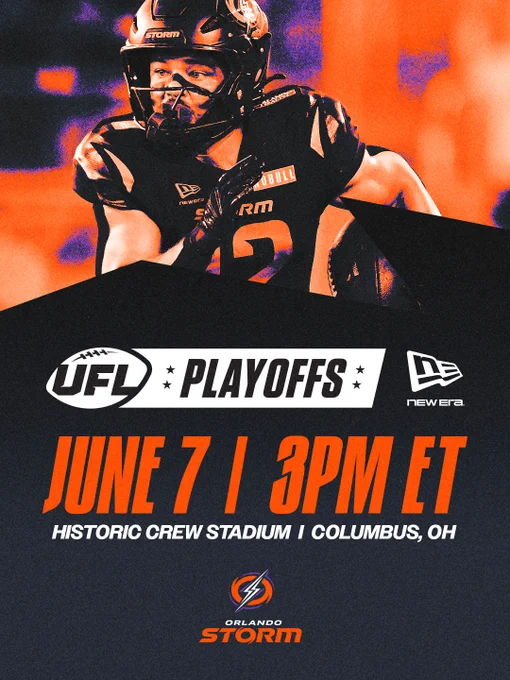 Vibrant promotional image for the UFL playoffs featuring a football player. The event is scheduled for June 7 at Historic Crew Stadium in Columbus, OH, with the Orlando Storm featured prominently.
