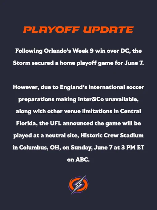Announcement for the Orlando Storm's playoff game relocated to Historic Crew Stadium due to venue unavailability. The game will be broadcast on ABC.