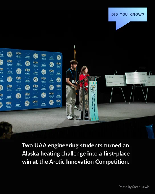 Two students stand on stage at a podium labeled "Arctic Innovation Competition." They face an audience, with presentation boards and a backdrop displaying logos visible behind them. A speech bubble reads "DID YOU KNOW?" and a caption below highlights their first-place win. The scene is set in a formal event environment.