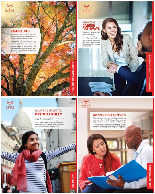 Collage of promotional images for Vista Higher Learning. Top left: Tree with autumn leaves and a text about branching out. Top right: Person smiling, extending a handshake with a text about career pathways. Bottom left: Individual standing with arms up in front of a building, text about opportunities. Bottom right: Two people reviewing documents, text about support.