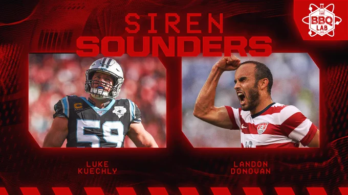 Graphic promoting Luke Kuechly and Landon Donovan as tonight's siren sounders 
