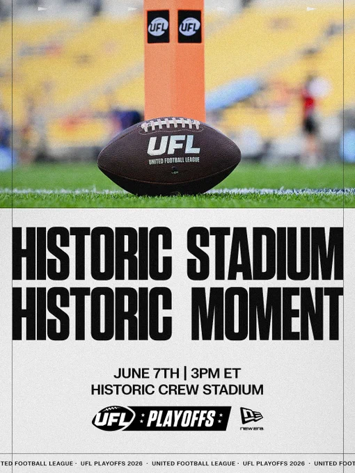 A United Football League playoff promotional graphic featuring a football and stadium details, set in a historic context.