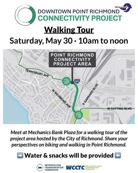 Downtown Point Richmond Connectivity Project - Walking Tour. Saturday, May 30, 10am to noon. Map of project area which runs along Richmond Avenue from Tewksbury Ave to South Garrard Blvd. Walking Tour Info: Meet at Mechanics Bank Plaza for a walking tour of the project area hosted by the City of Richmond. Share your perspectives on biking and walking in Point Richmond.
