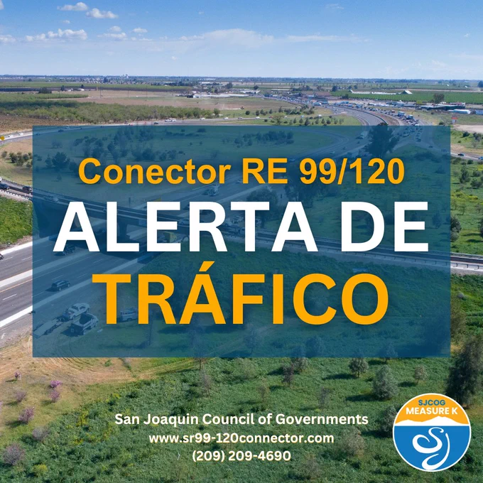 La imagen incluye texto que dice “Alerta de Tráfico” y muestra el Conector de las rutas estatales 99/120 al fondo.