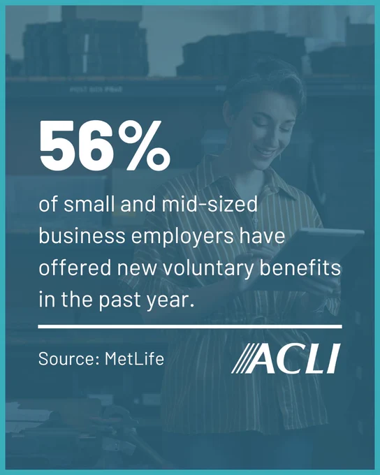 A person using a tablet stands in a workspace. The text reads: "56% of small and mid-sized business employers have offered new voluntary benefits in the past year." Source: MetLife. ACLI logo is present.