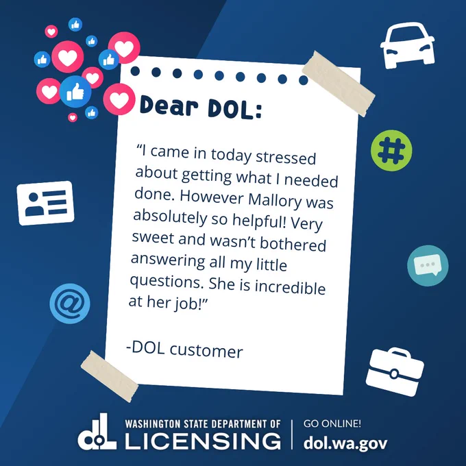 The D.O.L. customer comment says, "I came in today stressed about getting what I needed done. However Mallory was absolutely so helpful! Very sweet and wasn’t bothered answering all my little questions. She is incredible at her job!"