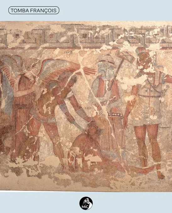 The François tomb, named after the archaeologist who discovered it, contains a fresco depicting Caelius Vibenna (whom the Romans believed the Caelian Hill was named after) and Mastarna (a legendary figure whom the Emperor Claudius identified with Servius Tullius). The tomb paintings include a representation of 'Marce Camitlas' (Latin equivalent 'Marcus Camillus') about to draw his sword against a crouching 'Cneve Tarchunies Rumach' ('Gnaeus Tarquinius of Rome'). The ancient histories of Rome do not include any reference to a 'Gnaeus Tarquinius'. These frescoes are a unique reference point for an Etruscan view of the rise of Rome and point to a whole series of different, hostile legends told about the city's archaic monarchy by its northern enemies. 