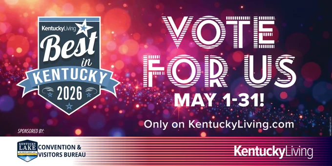 The image is a promotional banner for "Best in Kentucky 2026" by Kentucky Living, featuring the text "Vote for Us" and "May 1-31!" It includes logos for Kentucky Living and Kentucky Lake Convention & Visitors Bureau.