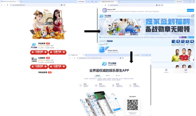 This image shows a progressive series of web pages featuring a promotional gambling theme with various sports references and app download instructions. The first page includes chips and playing cards. The second page lists available features and benefits. The third page showcases different payment methods and a QR code for app download.