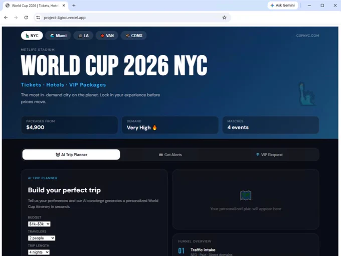 Screenshot of a fraudulent website page for the "World Cup 2026 NYC." It displays options for tickets, hotels, and VIP packages at MetLife Stadium. The page shows a starting price of $4,900, demand level as very high, with four events listed. There is a section for planning a trip and traffic information.