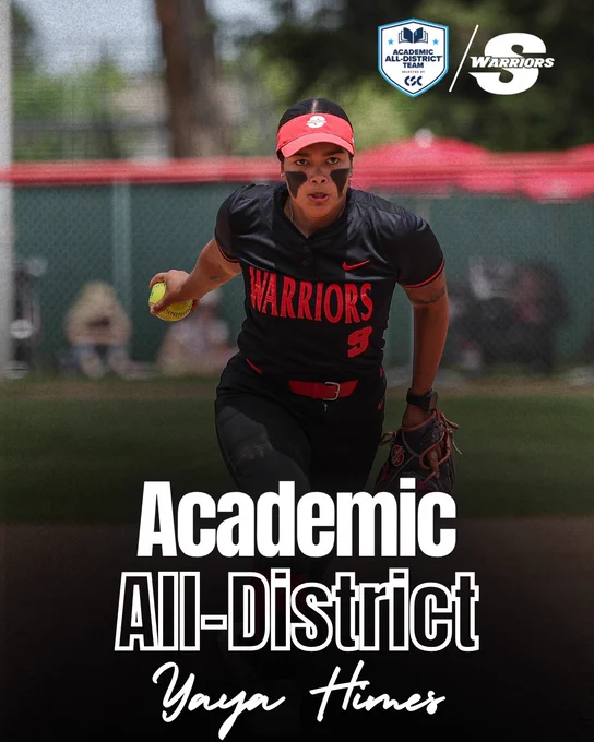 Stan State softball pitcher Alexandria “Yaya” Himes in a pitching pose wearing a black Warriors uniform. Text reads “Academic All-District” with Himes’ name and the CSC Academic All-District logo.