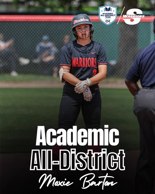 Stan State softball player Moxie Barton standing on the field in a black Warriors uniform and batting helmet. Text reads “Academic All-District” with Barton’s name and the CSC Academic All-District logo.