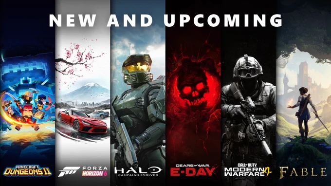 A collection of key art from upcoming XBOX Games, with text that reads " New and Upcoming." Key art featured for Minecraft Dungeons II, Forza Horizon 6, Halo Campaign Evolved, Gears of War: Day, Call of Duty: Modern Warfare 4 and Fable.