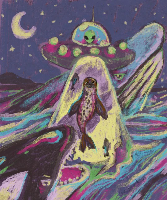 Painting of a seal and two fish being abducted by a spaceship, with an orca trying to catch the seal in the foreground and a whale in the background. The sky is starry.