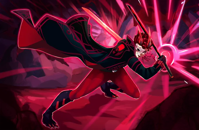 Adam Taurus, from RWBY, wearing a mix of his outfit from the RWBY mobile game along with the uniform and imagery of a Red Lantern from DC Comics. His mask is broken, and he wields his sword Wilt in his right hand while in his left is a construct of a sword.
