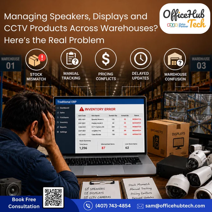 Most traditional ERP systems treat inventory, procurement, warehousing, finance, and order fulfillment as separate processes instead of one connected operation.

That's where Zoho ERP changes the game.

By bringing together Core Financials, Supply Chain Management, Billing Management, Spend Management, and Omnichannel Operations into one platform, Zoho ERP creates a single source of truth across your business.

With Zoho ERP, AV businesses can:
✅ Gain real-time multi-warehouse visibility
✅ Reserve inventory for projects, dealers, and customer orders
✅ Improve procurement forecasting and replenishment planning
✅ Track serialized AV equipment throughout its lifecycle
✅ Connect inventory movement directly with financial insights
✅ Reduce fulfillment errors and inventory blind spots
✅ Make faster decisions with AI-powered operational intelligence

Want to scale your AV business like a pro? Let's talk.