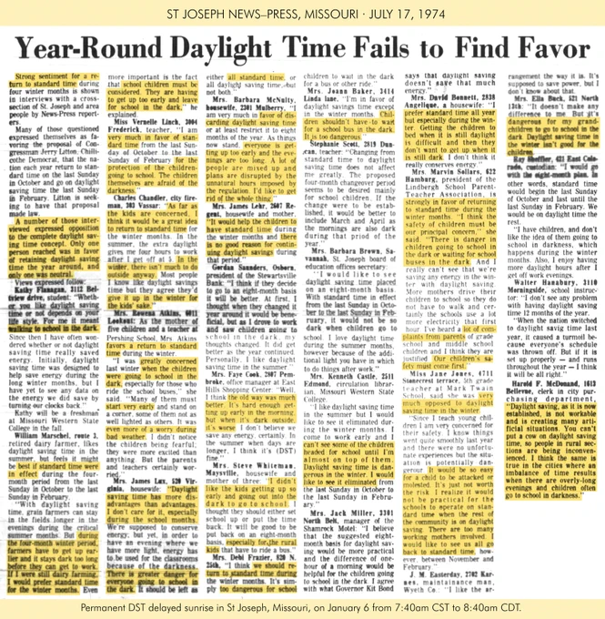 Newspaper clipping from the “St Joseph News–Press” of Missouri, published July 17, 1974. Headline “Year-Round Daylight Time Fails to Find Favor”. Permanent DST delayed sunrise in St Joseph MO from 7:40am CST to 8:40am CDT.