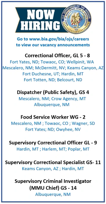A graphic announcing career opportunities in law enforcement through the BIA Office of Justice Services. Various vacancies are available now at bia.gov/bia/ojs/careers.