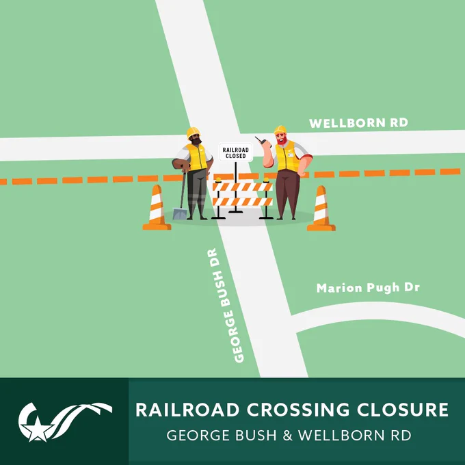 Illustration of a road crew standing next to a "Railroad Crossing Closed" sign at the intersection of Welborn Road and George Bush Drive. Text reads Railroad Crossing Closure George Bush & Welborn RD with the COCS logo.