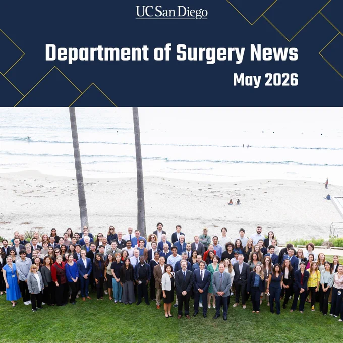 Dept. of Surgery group outdoors in front of ocean with text overlay "UC San Diego Department of Surgery News May 2026"