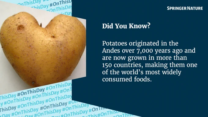 A heart-shaped potato beside text from Springer Nature that reads \"Did You Know? Potatoes originated in the Andes over 7,000 years ago and are now grown in more than 150 countries, making them one of the world's most widely consumed foods.\"