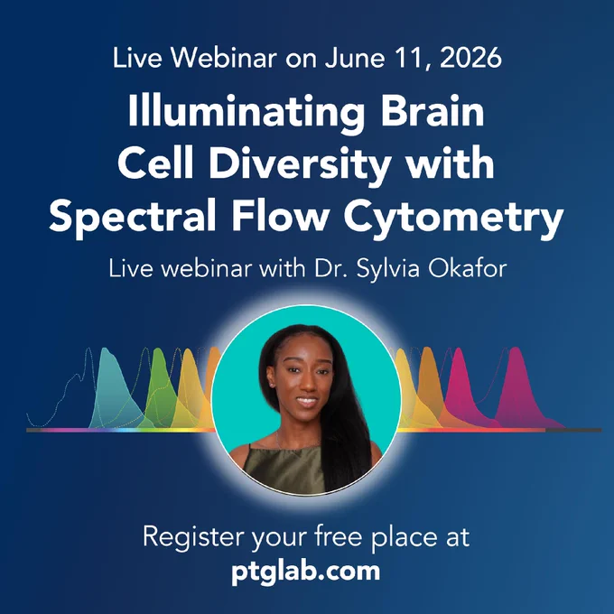 Promotional image for a webinar titled "Illuminating Brain Cell Diversity with Spectral Flow Cytometry" scheduled for June 11, 2026. Includes a photo of a person in front of colorful graphs. The webinar is with Dr. Sylvia Okafor. Registration available at ptglab.com.