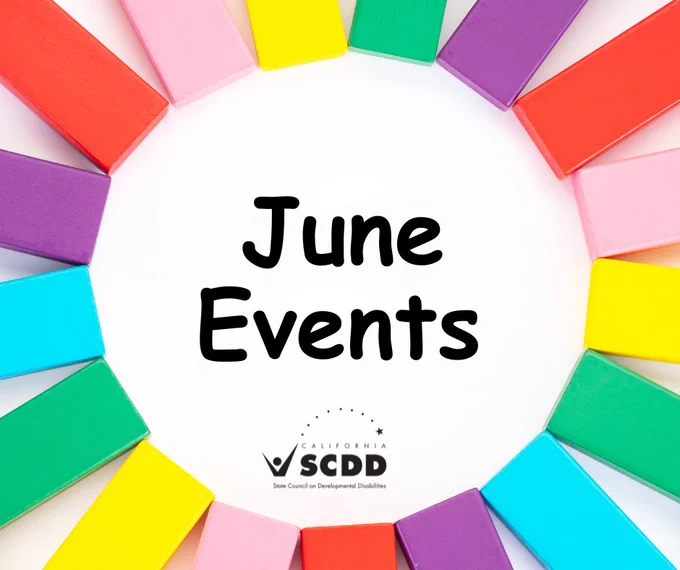 Circle of colored tabs with copy inside that reads: June Events