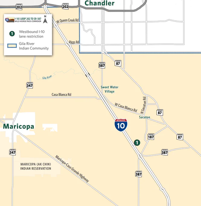 Map identifying I-10 westbound lane restriction between SR 387 and Gas Line Road. 