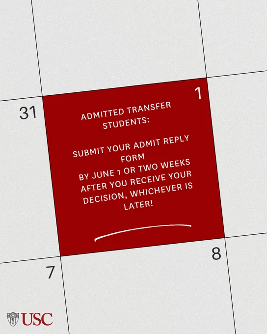 Calendar highlighting June 1 with a reminder for admitted transfer students to submit their admit reply form by that date or two weeks after receiving their decision, whichever is later.