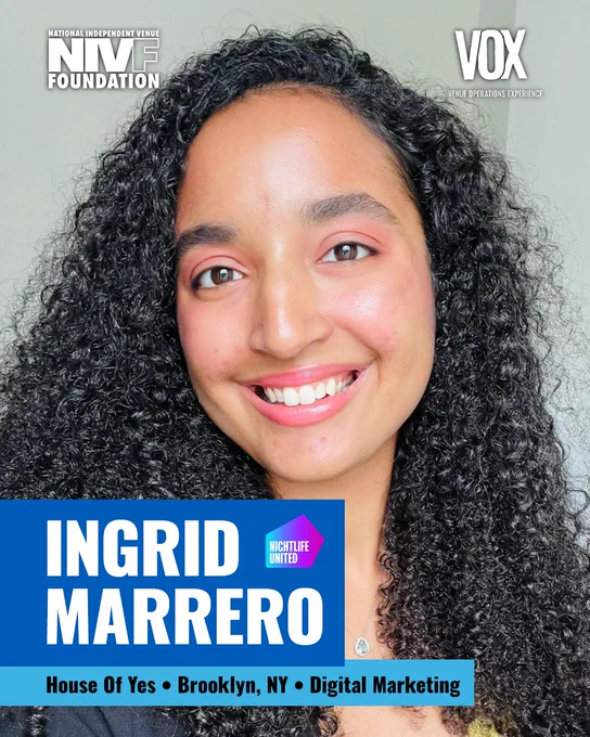Portrait of Ingrid Marrero with a bright smile, highlighting her role in digital marketing at House Of Yes, Brooklyn, NY. Branding elements and text are present.