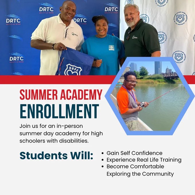 Three people standing in front of a DRTC banner, holding a blue bag, promoting a summer academy for high schoolers with disabilities.