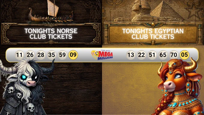 An image showcasing Norse and Egyptian themed lottery tickets with fantasy characters and Mega Millions numbers. The setting mixes mythology with a whimsical mood.