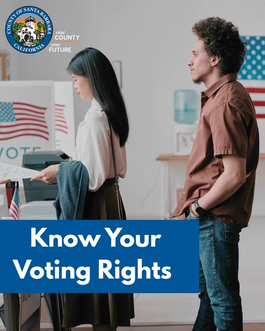 Two voters standing in line at a polling station with American flags and voting booths visible. Know Your Voting Rights.