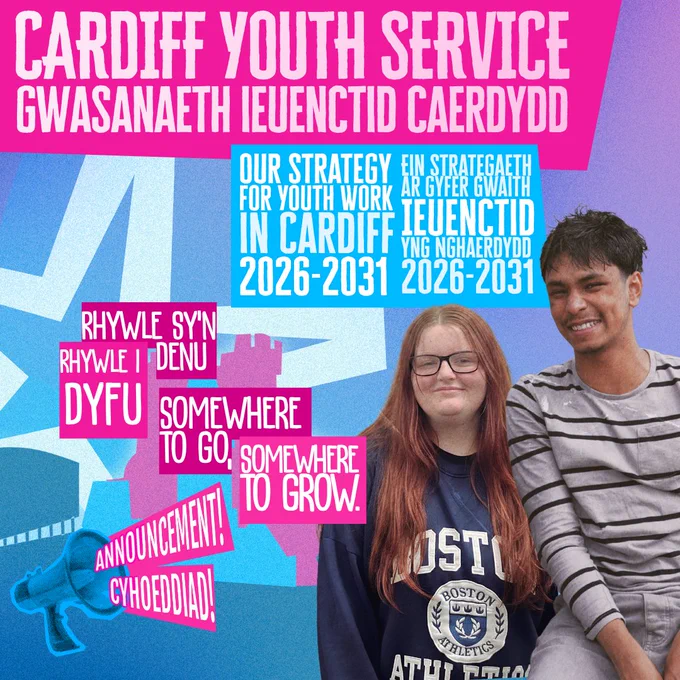 Cardiff Youth Service strategy graphic featuring two smiling young people and text in English and Welsh.
