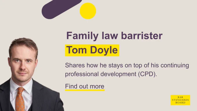 Family law barrister, shown in a suit, discusses maintaining professional development in text. Yellow and purple shapes are in the background.