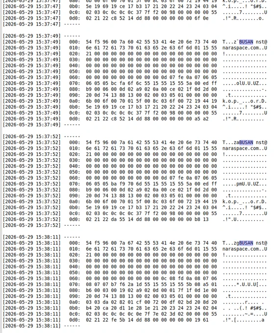 A portion of the 38k4 AX100 frames decoded from BusanSat including ASCII "BUSAN" and email address 'nst@naraspace.com'.      Previously sent  email but have not gotten any reply