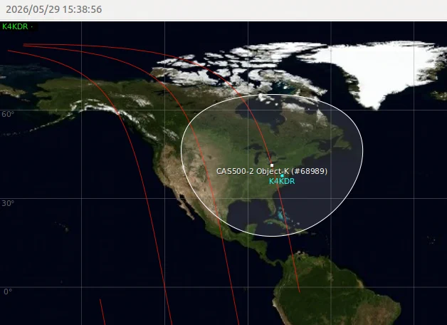 Orbit of Object #68989 thought to be BusanSat in GPredict tracking South-to-North over the Eastern U.S.