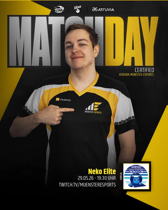 Match announcement graphic, featuring colored accents in the Münster Esports yellow. At the top part of the graphic the line MATCH DAY can be seen in big, bold letters. As a header line you can see the logos of our sponsors LanCampus, Liba and Atruvia.
The center piece of the graphic is a player photo of the player Certified, who has a smirk on his face and points towards the team logo on his jersey. Next to him his name is written in a small line of text, together with the team he's playing for, which is ATRUVIA Münster Esports.
At the bottom of the graphic, the enemies " Neko Elite " can be seen and the 29th of May 2026 as the date of the match. Additionally the link to the twitch-stream of Münster Esports is written next to it ( twitch.tv/muensteresports.de ).
