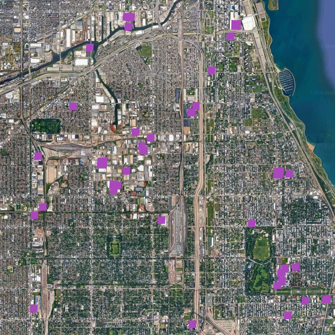 Aerial view of a coastal area with sections highlighted in purple.