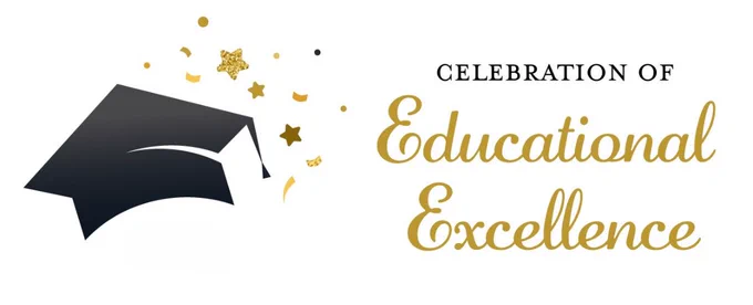Black graduation cap with gold confetti and stars next to text announcing the celebration of educational excellence.