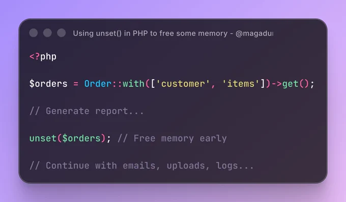 Using unset() in PHP to free some memory - @magadum_aniket