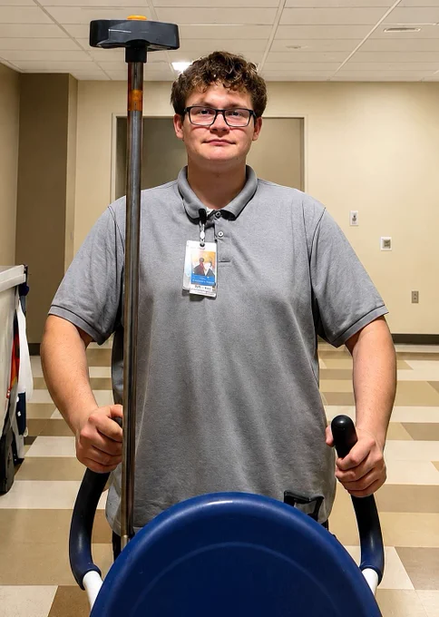 A man in a gray polo shirt is in a hallway, standing behind cleaning equipment. He appears confident and focused.