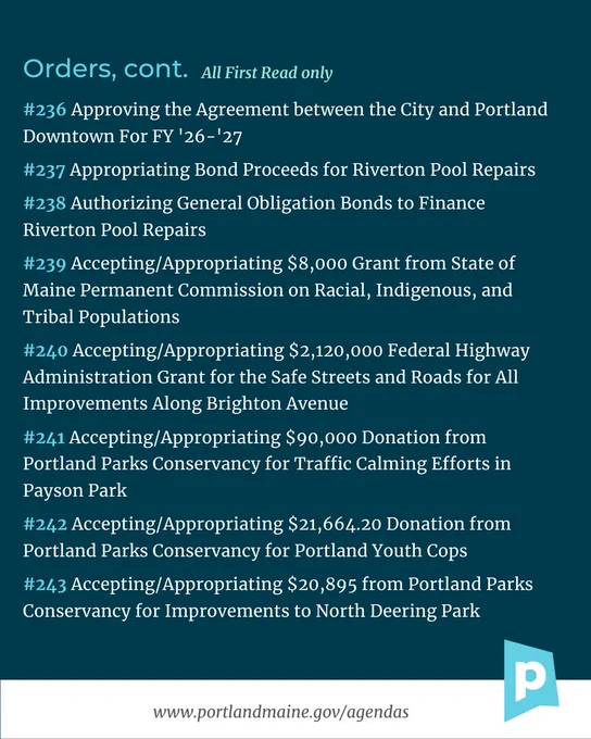Third page of Portland, Maine City Council Agenda Highlights listing the rest of the orders
