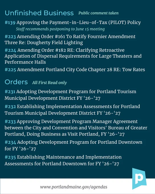 Second page of Portland, Maine City Council Agenda Highlights listing unfinished business and orders 
